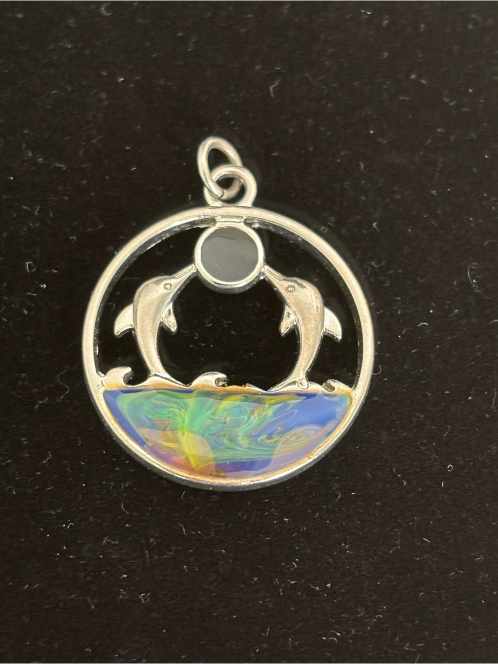 Dolphin Opal-Inlay Pendant Necklace in Silver with Blue-Green Accent